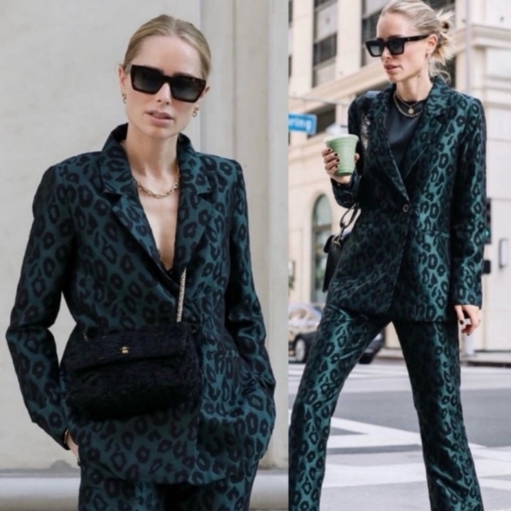 Anine Bing Madeleine Emerald Green & Black Leopard Jacquard Blazer - Picture 8 of 16